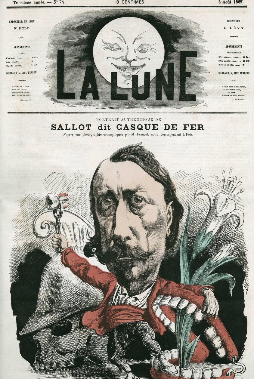 萨洛特的肖像，被称为 "铁头盔"。吉尔的漫画，载于《La Lune》，8月4日 作者 安德鲁·吉尔