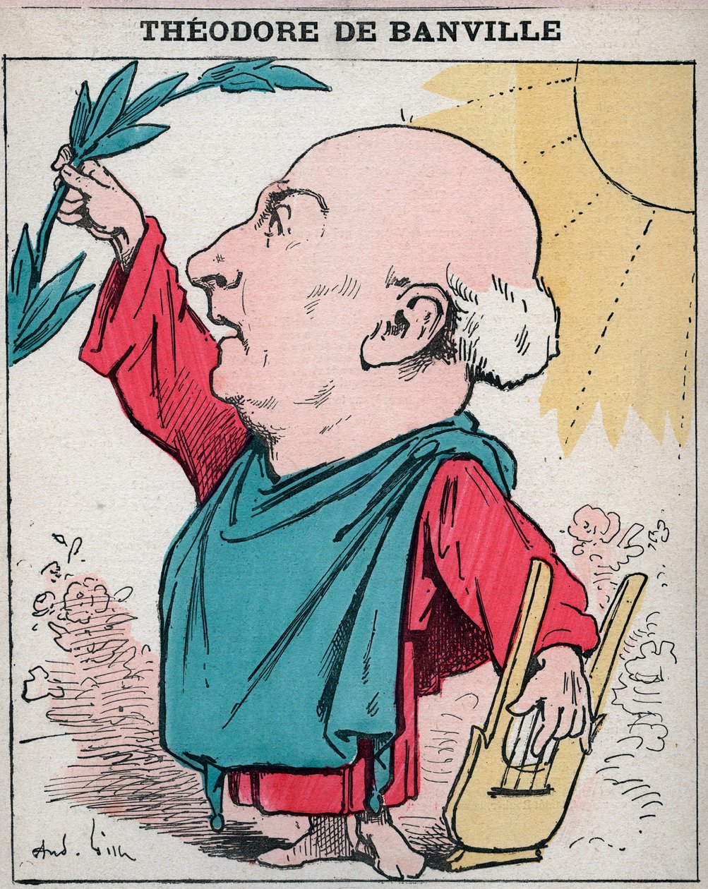 法国诗人西奥多-德-班维尔（1823-1891）的肖像--安德烈-吉尔在巴黎 "今日之人 "中的漫画作品 作者 安德鲁·吉尔