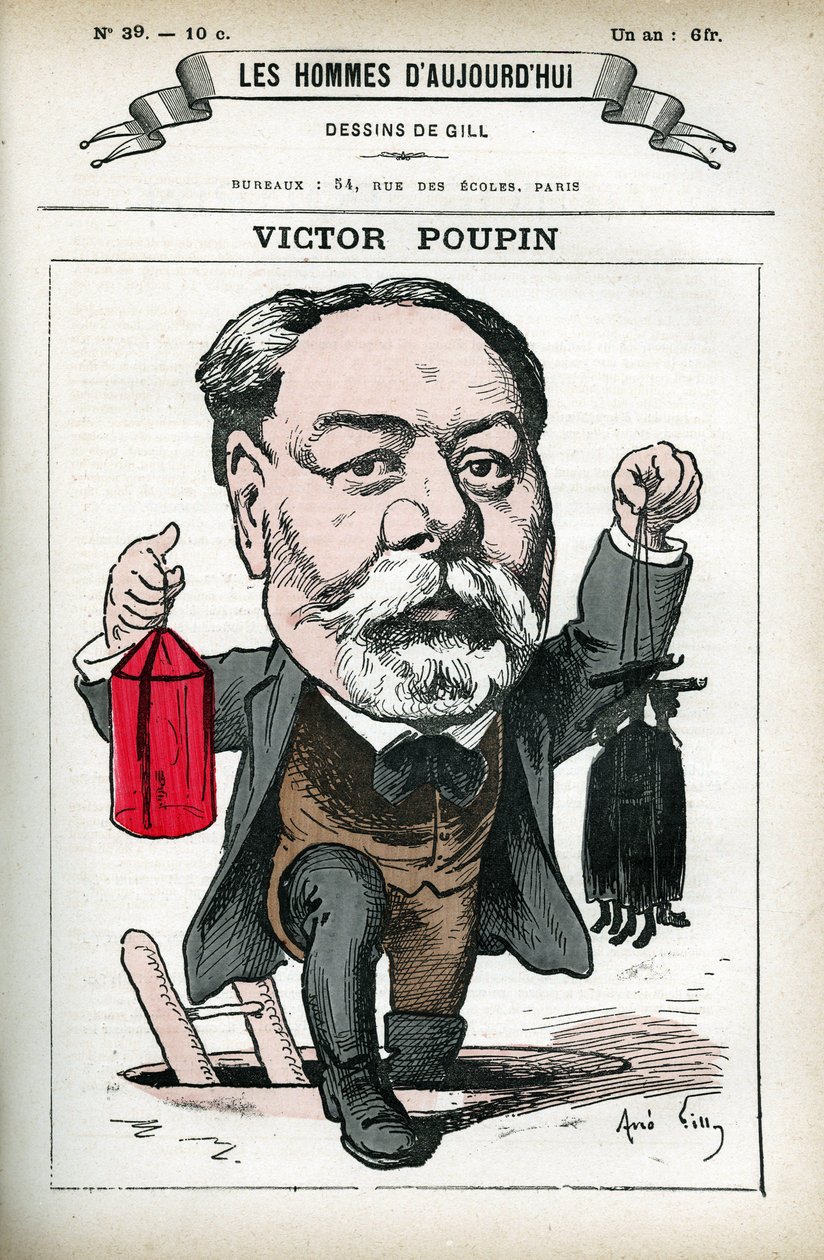 Victor Poupin (1838-1906) 的肖像，法国政治家。 吉尔的卡通，在“Les Homme d