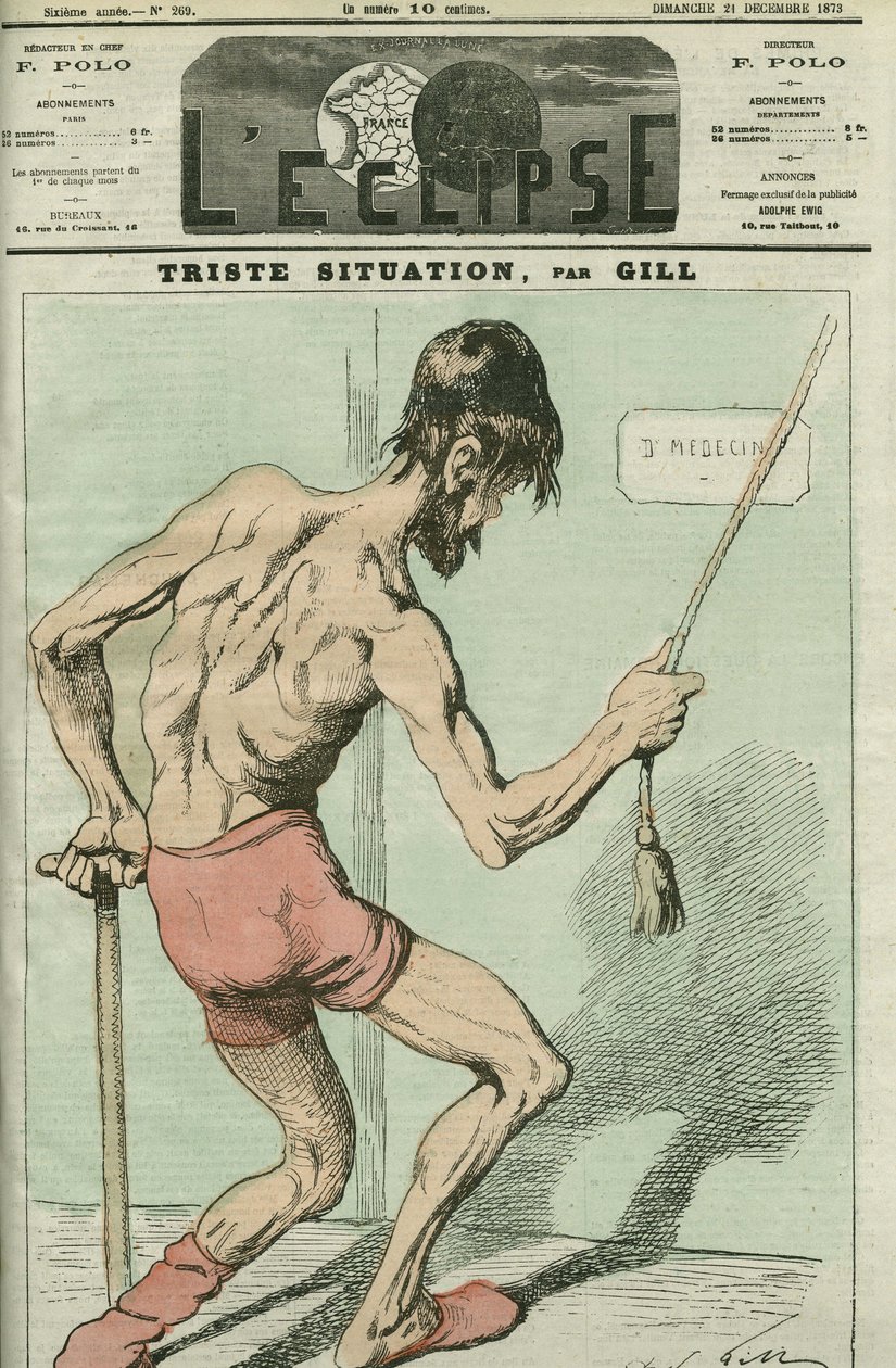 Sad situation, caricature of a sick person looking for “a good Constitution”. Cover in “” L