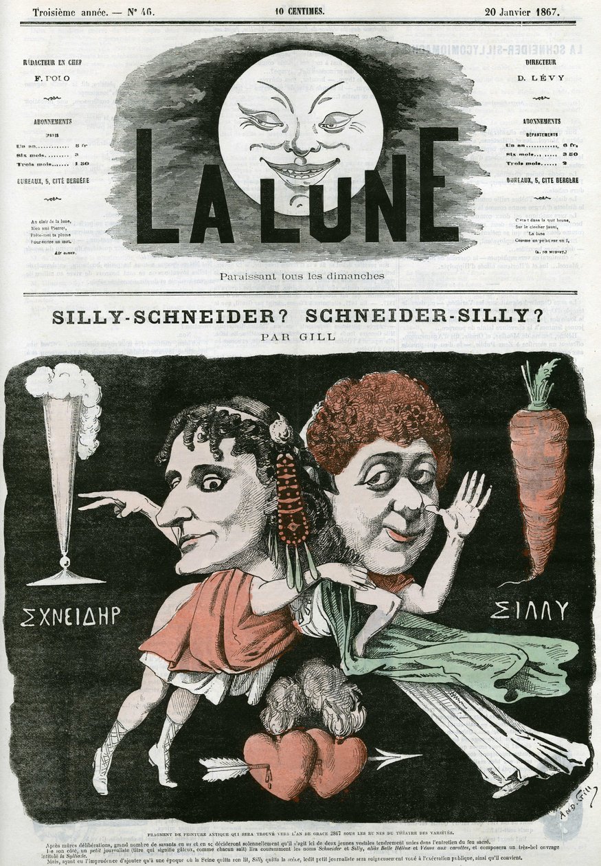 傻子-施耐德？谢纳-西利？，古代绘画碎片的漫画。吉尔的漫画，载于《La Lune》，1月20日 作者 安德鲁·吉尔