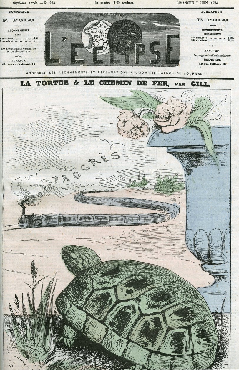 The Turtle and the Railway, an illustration of the technological advances of the railways. Cover in “” L