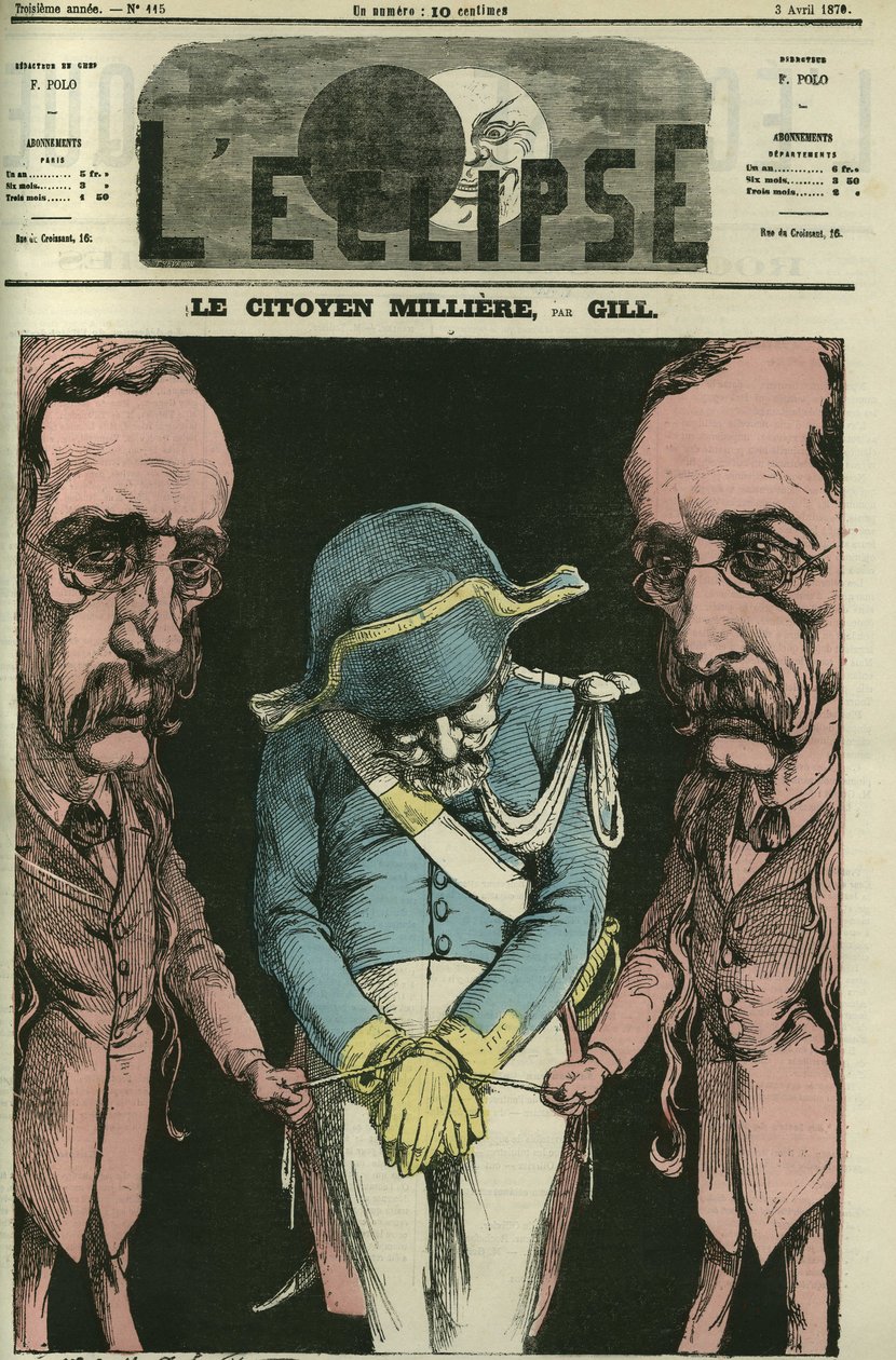 The citizen Milliere in reference to Alexandre Dumas, Gill represents him with his hands. Cover in “” L