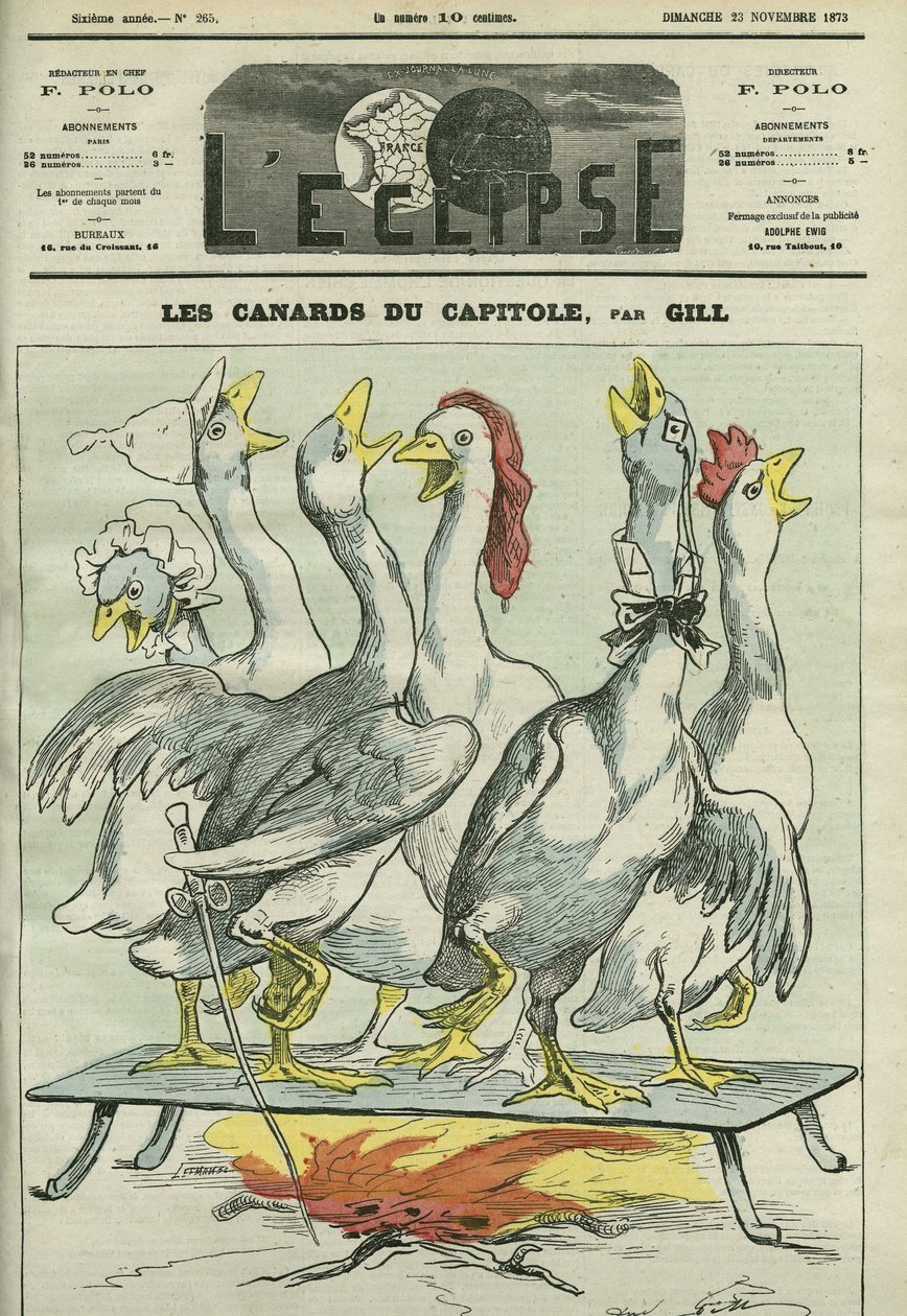 国会大厦的鸭子，漫画报纸“La Patrie”、“LeConstitutionnel”、“Le Pays”、“Le Figaro”、“Order”和“Le Gaulois”。 Gill 的“L