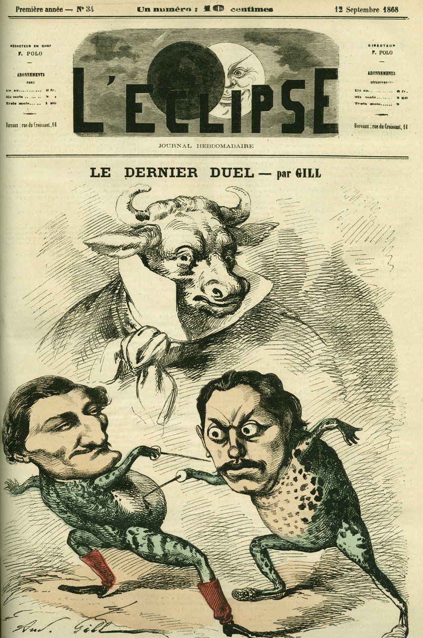 The last duel, Prospero-Olivier frogs (Prosper Olivier) Lissagaray (1838-1901) and Paul Granier de Cassagnac (1842-1904) wanting to be as big as beef, representing Alfred de Musset and Victor Hugo. Cover in “” L