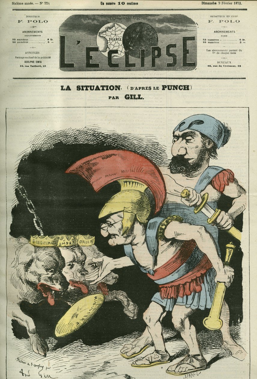 The situation, cartoon by Adolphe Thiers (1797-1877) and Leon Gambetta (1838-1882) giving a ministry to royalist and bonapartist dogs. Cover in “” L