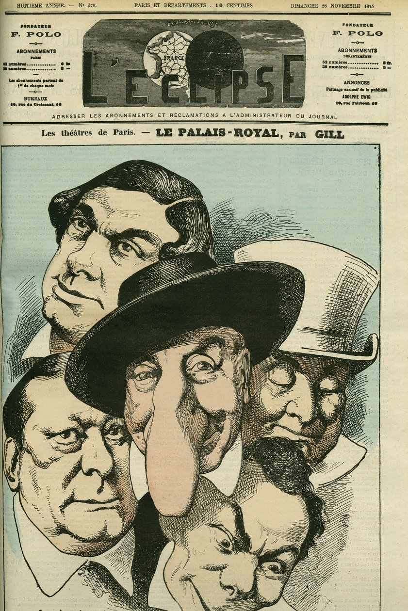 剧院 "Le Palais royal "与法国演员Geoffroy、Jules Brasseur（1829-1890）、Hyacinthe、Lassouche和Lheritier。11月28日，吉尔在《日食》中的封面 作者 安德鲁·吉尔