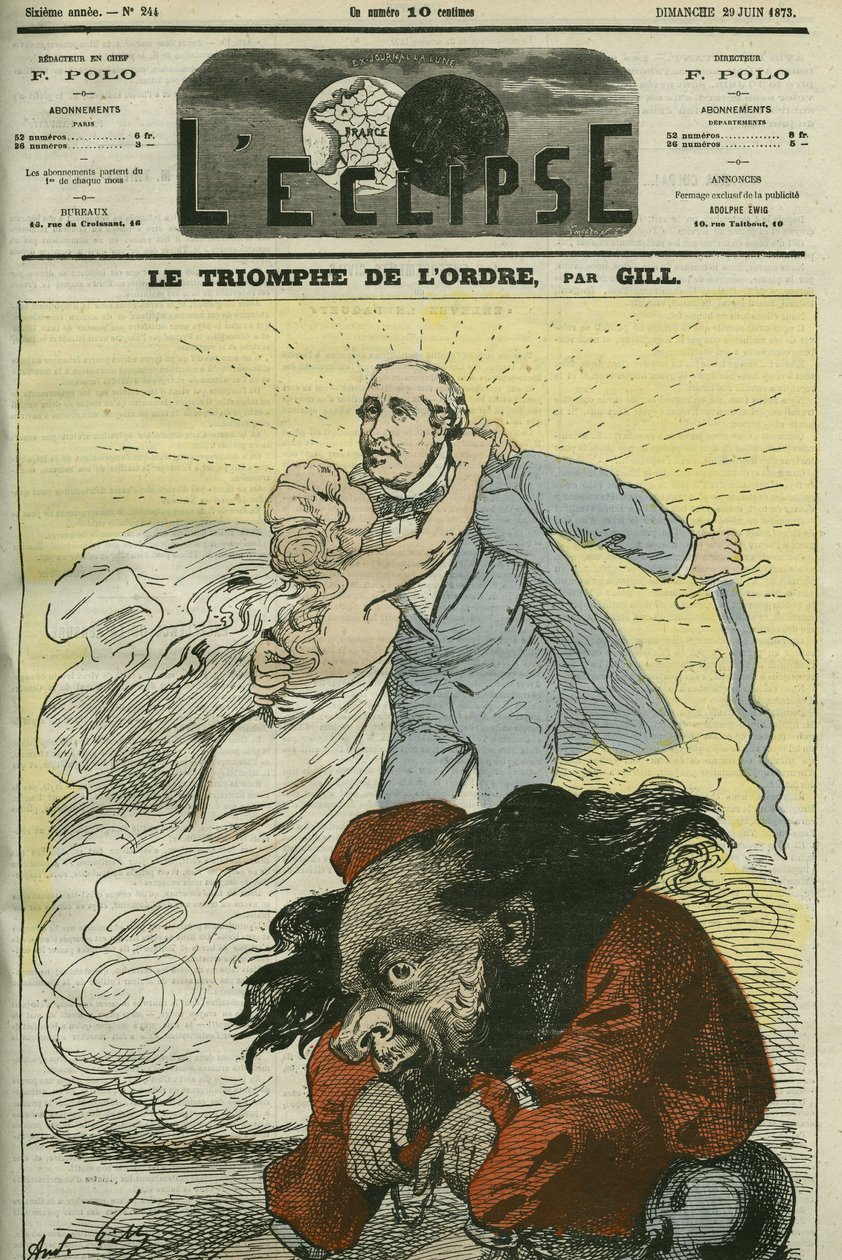 该命令的胜利，吉尔的漫画，由布罗意公爵 (1821-1901) 建立的命令列举。 Gill 的“L
