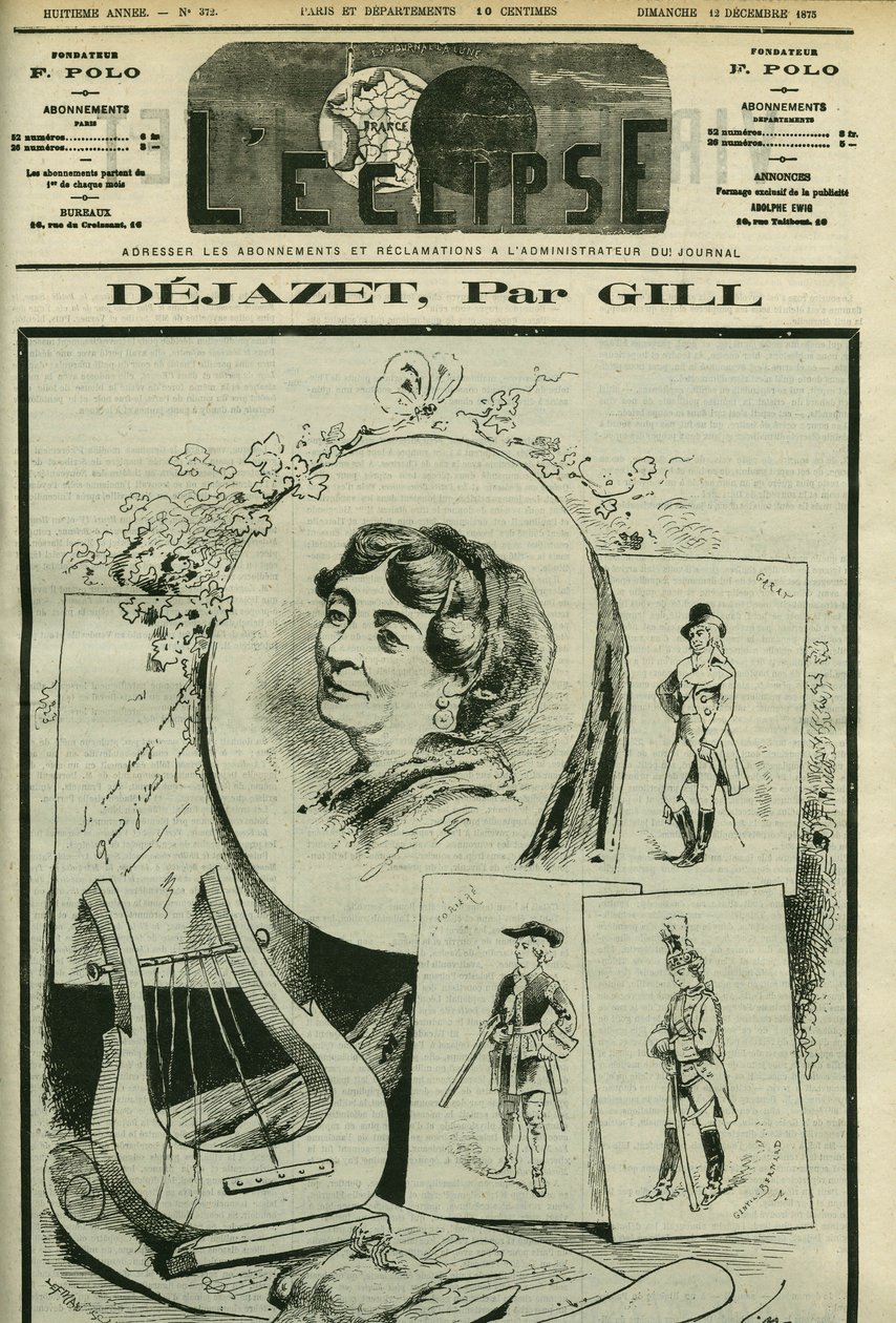 歌剧喜剧演员Virginie Dejazet（1797-1875）的致敬和肖像。12月12日，吉尔在《日食》杂志上的封面 作者 安德鲁·吉尔