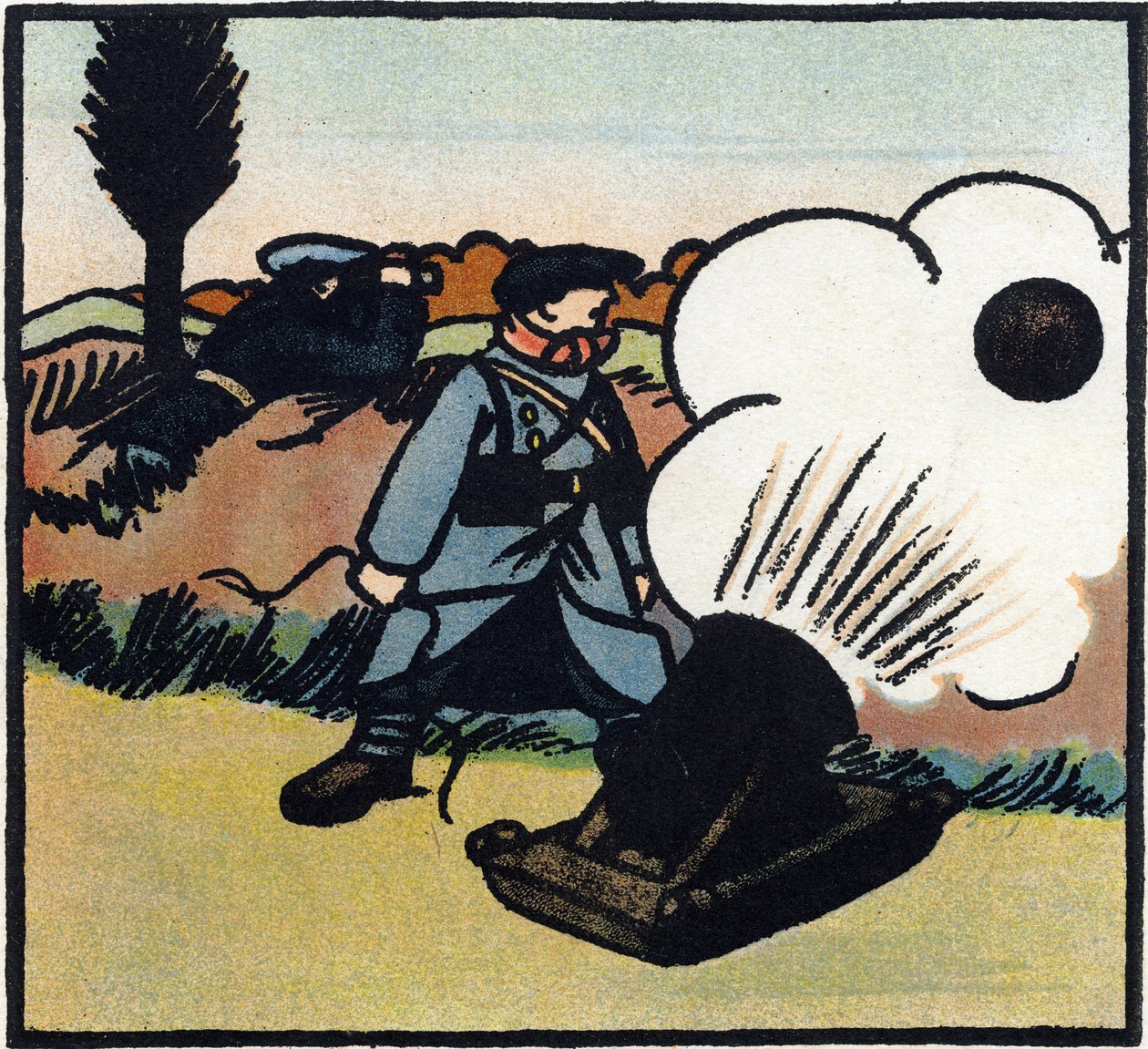 1914-1918 年第一次世界大战（14-18）：炸弹发射器。一名法国士兵用大炮向敌人发射炸弹。1914-1916 年大战字母表（献给我们士兵的孩子）"中的雕刻。Berger-Levrault 出版社 作者 安德烈·赫勒