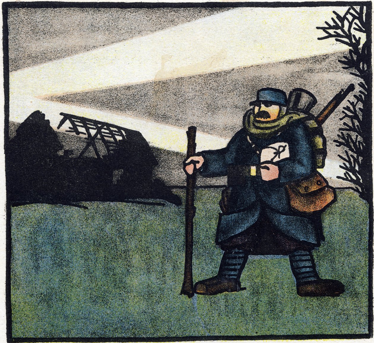 1914-1918 年第一次世界大战（14-18 岁）：毛发。身着军装的法国士兵肖像，背着背包、书包和步枪。1914-1916 年大战字母表（献给我们士兵的孩子）"中的雕刻。Berger-Levrault 出版社 作者 安德烈·赫勒