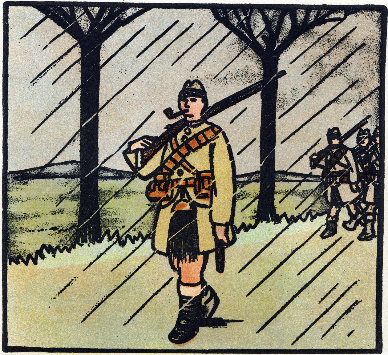 1914-1918 年第一次世界大战（14-18）：高地人。苏格兰士兵前来帮助法国军队。他们的军装由一件短裙组成。1914-1916 年大战字母表（献给我们士兵的孩子）"中的雕刻。伯杰出版社 作者 安德烈·赫勒
