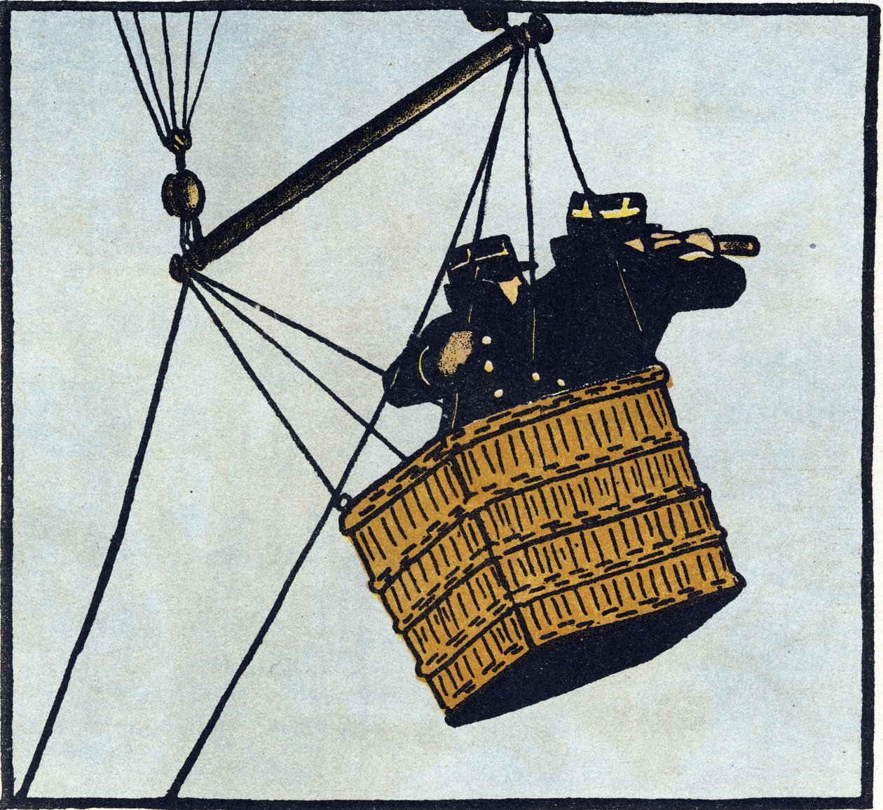 1914-1918 年第一次世界大战（14-18）：法国军队的观察员（观察哨）在一个俘虏气球上试图发现敌人。1914-1916 年大战字母表（献给我们士兵的孩子）"中的雕刻。Berger-Levrault 出版社 作者 安德烈·赫勒