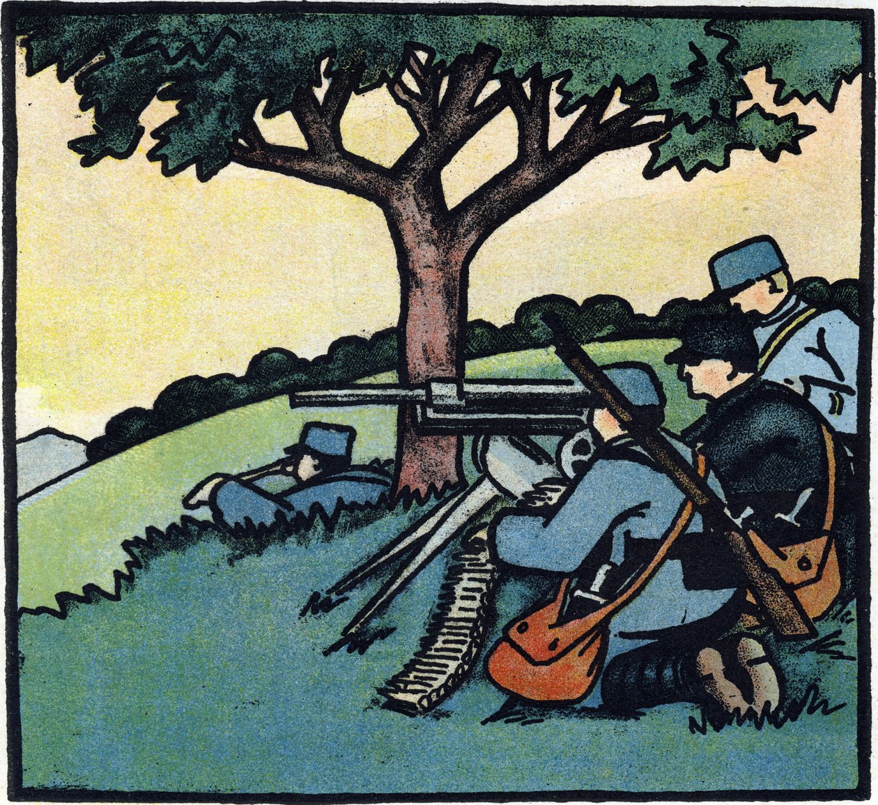 1914-1918 年第一次世界大战（14-18）：法国军队士兵在战场上使用机枪。1914-1916 年大战字母表（献给我们士兵的孩子）"中的雕刻。Berger-Levrault 出版社 作者 安德烈·赫勒