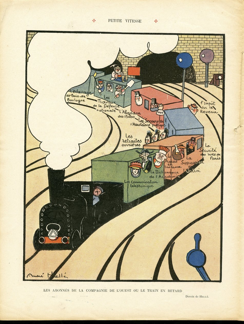 Andre Helle（1875-1945）在《Le Rire》上的插图，25/01/08 - 小速度 - 交通运输, 火车 铁路 铁路, 西部公司 作者 安德烈·赫勒