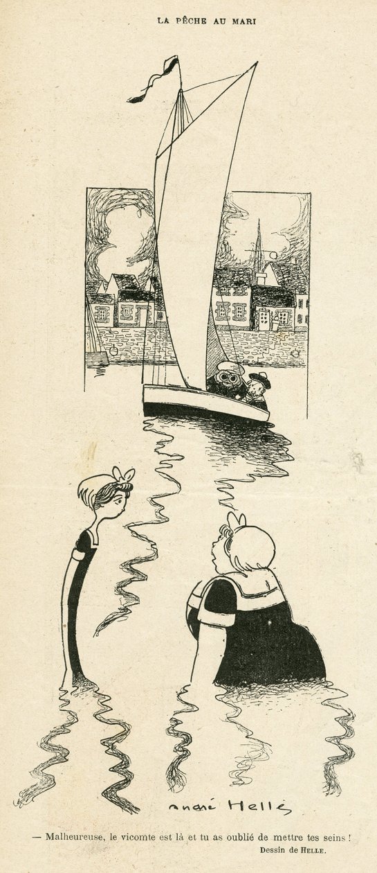 安德烈-海尔（1875-1945 年）在《巴黎人报》上的插图，2010 年 9 月 3 日 - La peche au Mari - 休闲, 爱情, 航海 航海 海边, Obeite, 游艇运动 作者 安德烈·赫勒