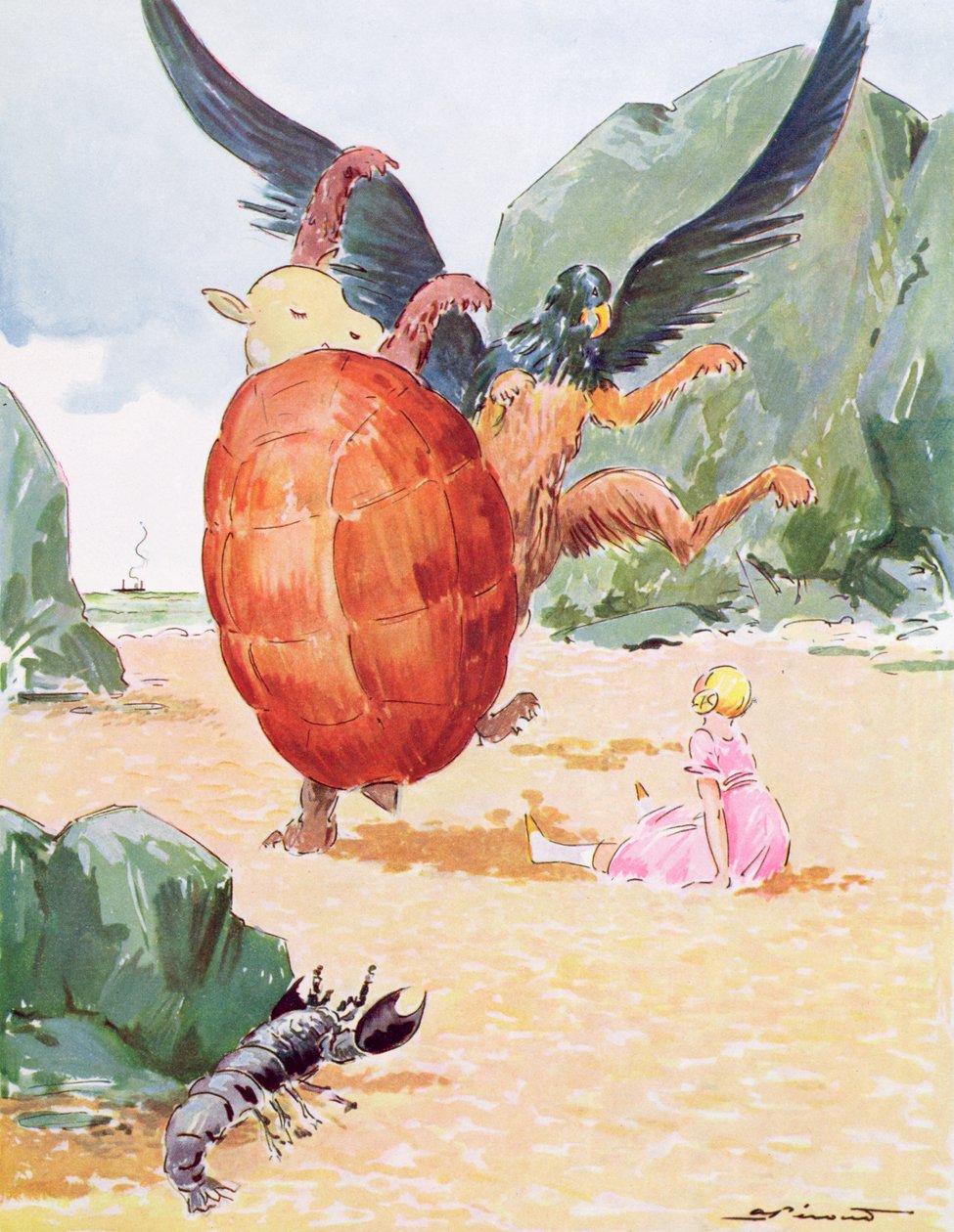 Alice, the Gryphon and the Mock Turtle，刘易斯-卡罗尔（1832-98 年）《爱丽丝梦游仙境》插图，巴黎德拉格拉夫出版社出版 作者 安德烈·佩库德