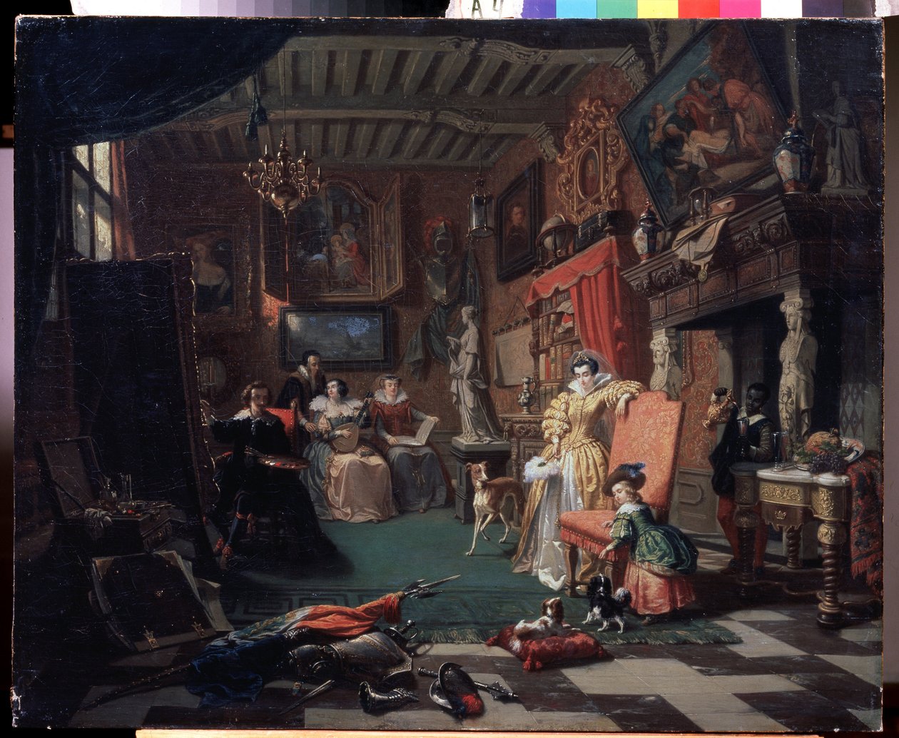 《画家安东尼·范戴克 (Antoon) van Dyck (1599-1641) 画肖像的工作室》（安东尼·范戴克爵士画肖像）安德烈·普卢莫 (Andre Plumot, 1829-1906) 的绘画，1853 年俄罗斯卡卢加地区艺术博物馆 作者 安德烈·普卢莫