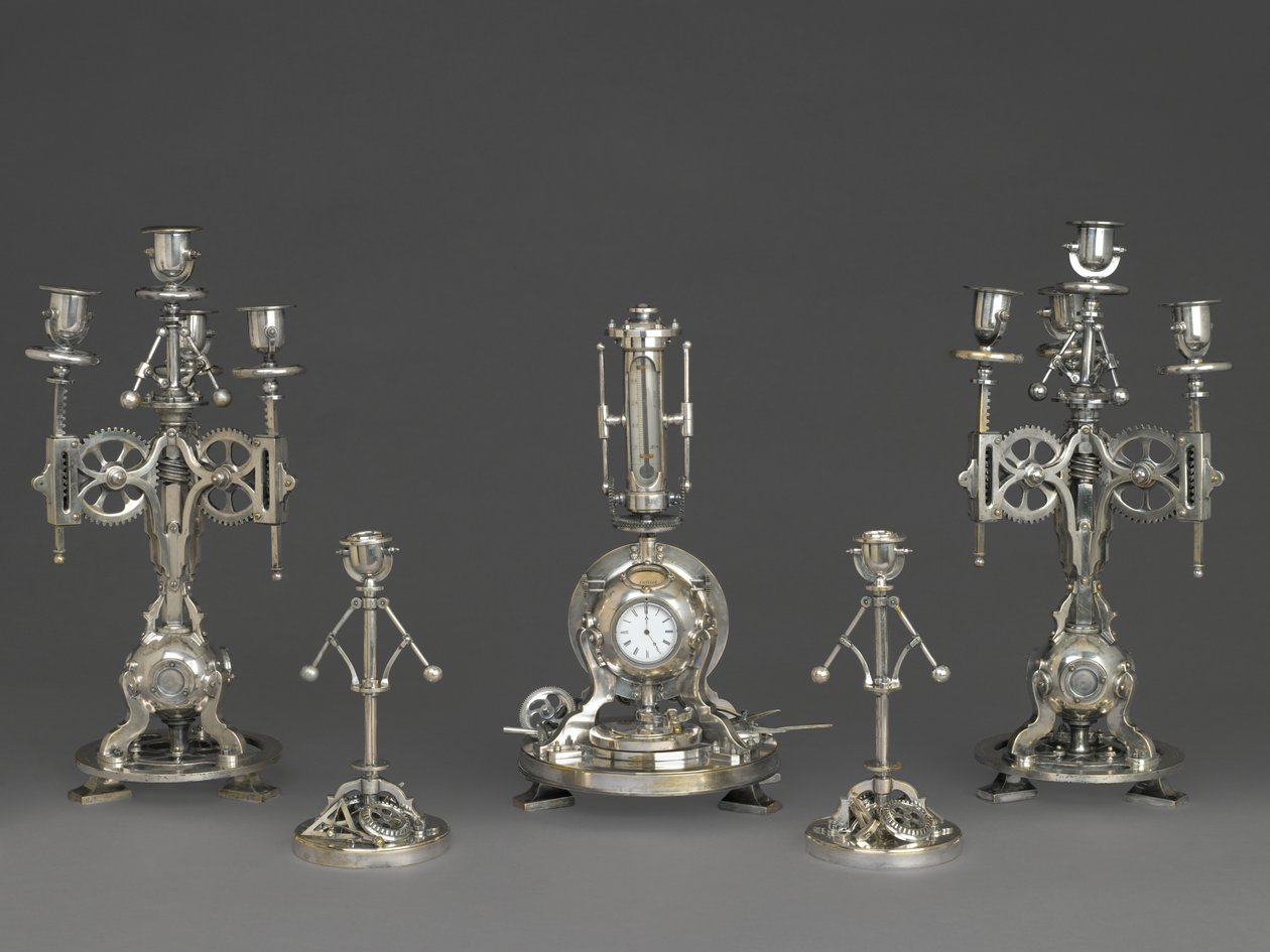 Five Piece Clock Garniture, c.1880 (silvered bronze, glass & paper) 作者 安德烈·罗曼·吉尔梅特