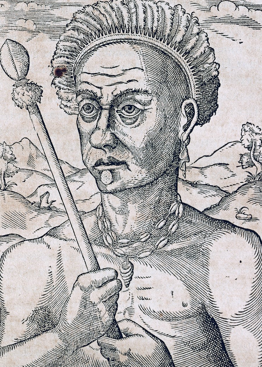 巴西Quoniambec国王，雕刻自《世界宇宙学》，作者Andre Thevet（1504-1592），巴黎。 作者 安德烈·塞维特（Andre Thevet）