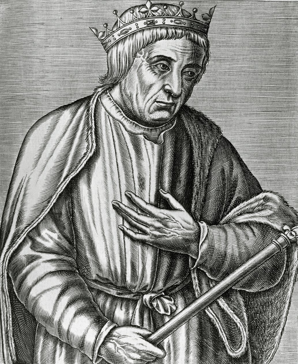 波兰国王卡西米尔三世的肖像，被称为大帝（1310-1370），雕刻自Les Vrais pourtraits et Vies des Hommes illustres。 作者 安德烈·塞维特（Andre Thevet）
