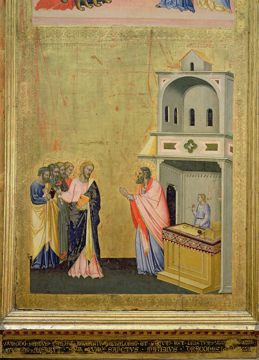 圣马太的召唤，来自圣马太的祭坛画和他生命中的场景，c.1367-70（小组中的蛋彩画） 作者 雅各布·迪西奥内