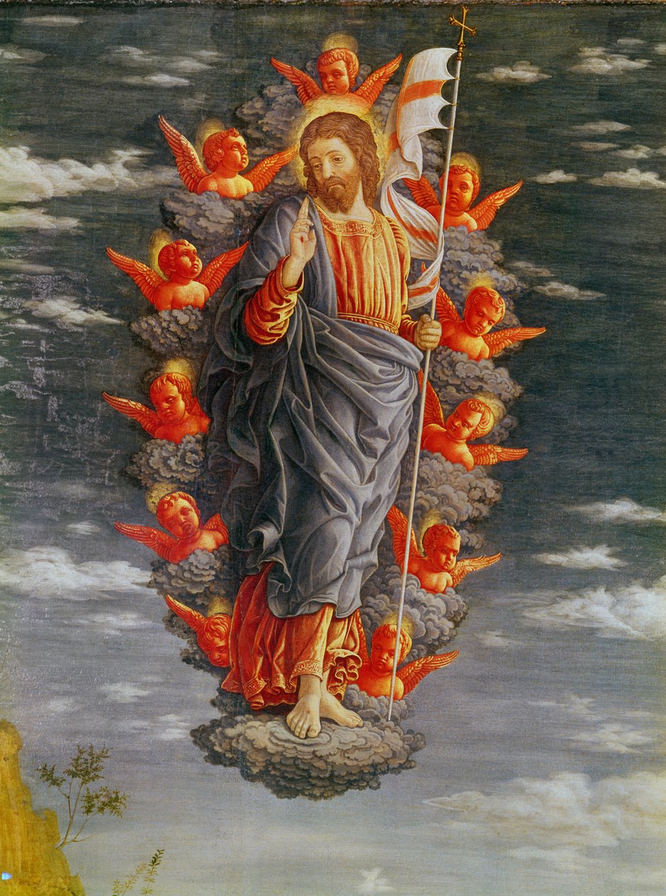 魔法崇拜的祭坛画面板：提升，基督的细节，c.1466温度在面板上 作者 安德里亚·曼特尼亚（Andrea Mantegna）