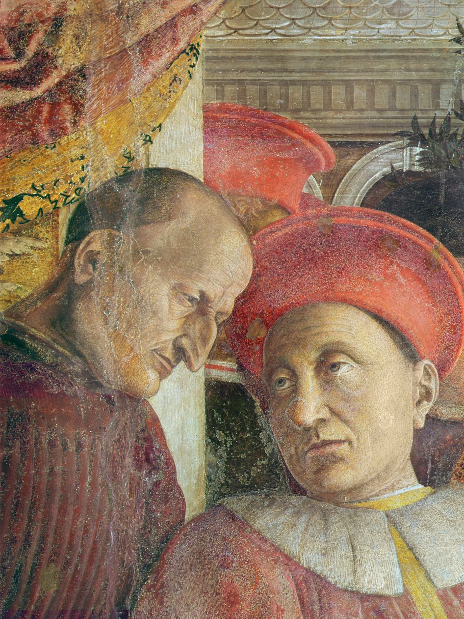 La Camera degli Sposi The Bridal Chamber。 Gonzaga的Ludovico II和他在恢复前的Ludovico II和他的秘书的法庭细节，c.1466-74壁画 作者 安德里亚·曼特尼亚（Andrea Mantegna）