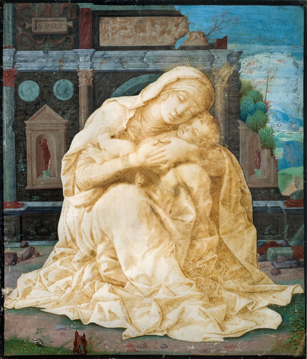 麦当娜和孩子对古代遗址 作者 安德里亚·曼特尼亚（Andrea Mantegna）