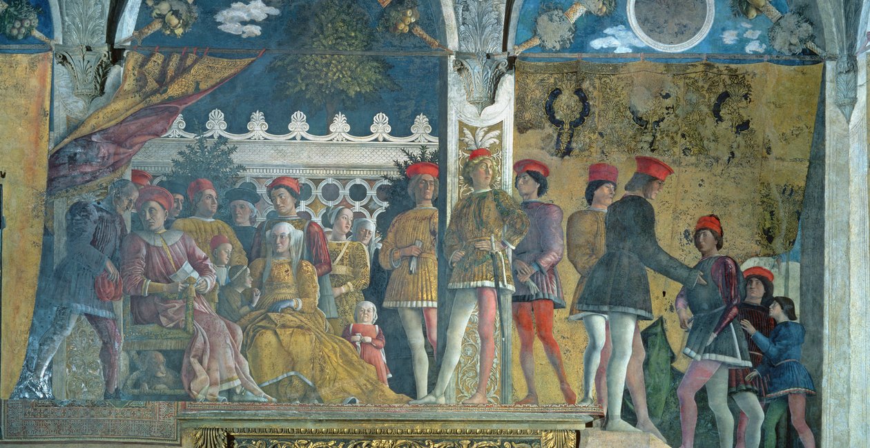 Marchese Ludovico Gonzaga III，他的妻子Barbara of Brandenburg，他们的孩子，朝臣和他们的狗Rubino，来自Camera degli Sposi或Camera Picta，1465-74 作者 安德里亚·曼特尼亚（Andrea Mantegna）