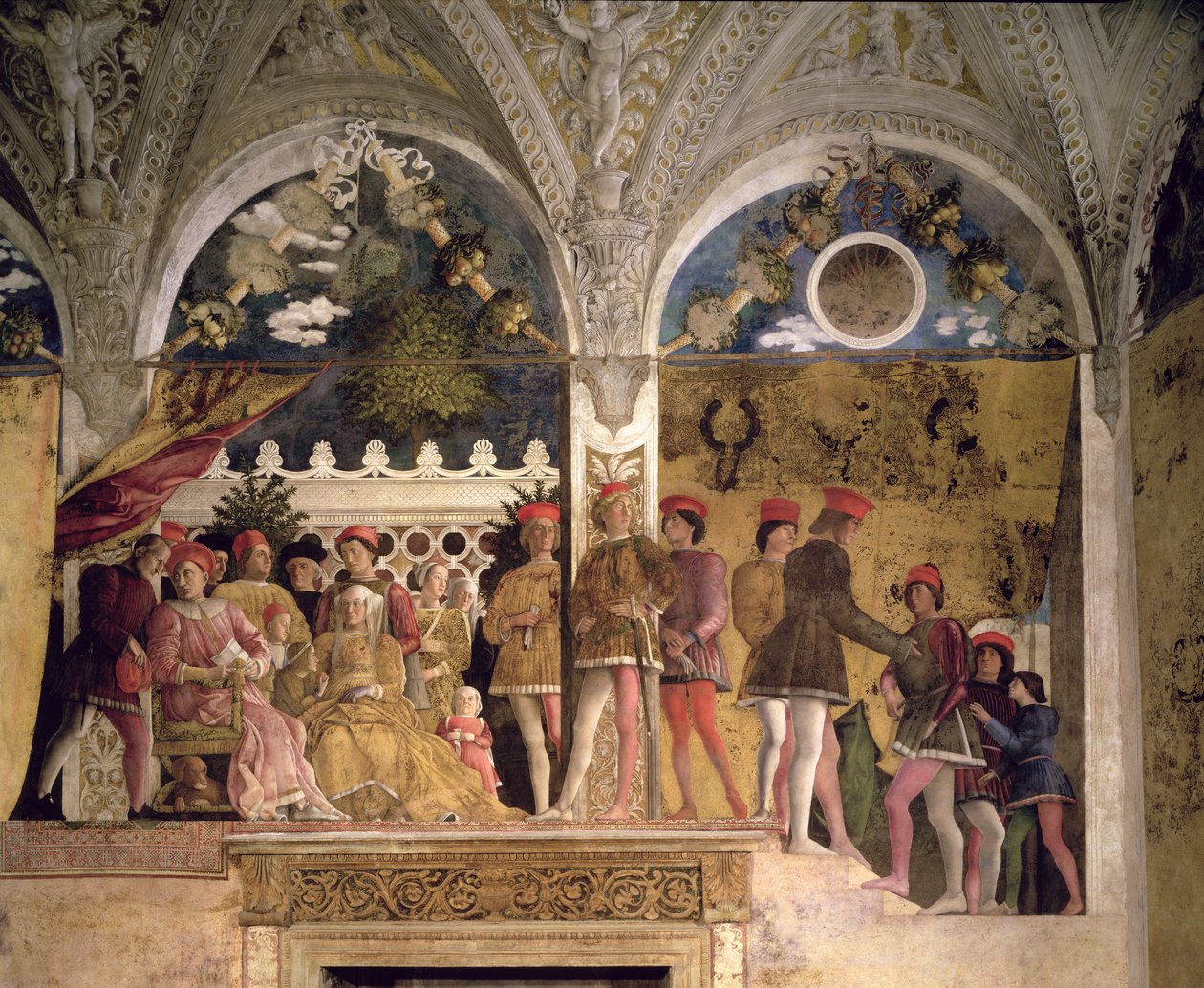 Mantua的Marchese Ludovico Gonzaga III（注册号1444-78），他的妻子Barbara of Brandenburg，儿童，朝臣和他们的狗Rubino，来自Camera degli Sposi或Camera Picta，1465-74（详情 作者 安德里亚·曼特尼亚（Andrea Mantegna）