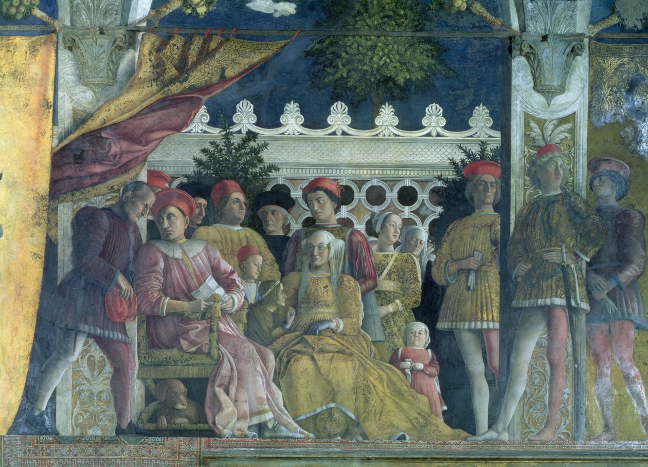 曼图亚的Marchese Ludovico Gonzaga III（1444-78在位），他的妻子Barbara of Brandenburg，孩子，朝臣和他们的狗Rubino，来自相机degli Sposi或Camera Picta，1465-74（det 作者 安德里亚·曼特尼亚（Andrea Mantegna）