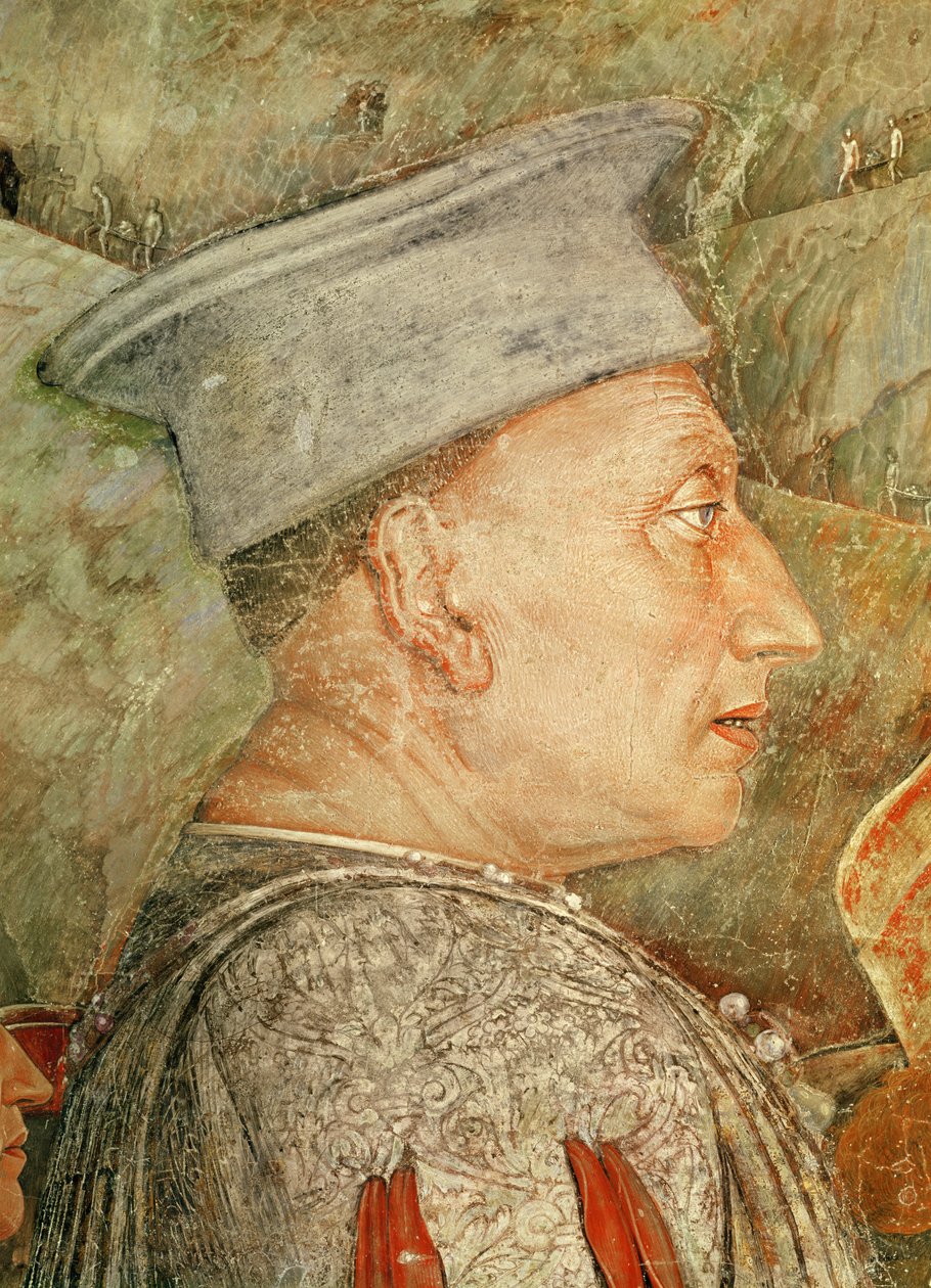 Mantua的Marchese Ludovico Gonzaga III问候他的儿子Cardinal Francesco Gonzaga，Ludovico Gonzaga的细节，c.1465-74壁画细节78456,78454 作者 安德里亚·曼特尼亚（Andrea Mantegna）