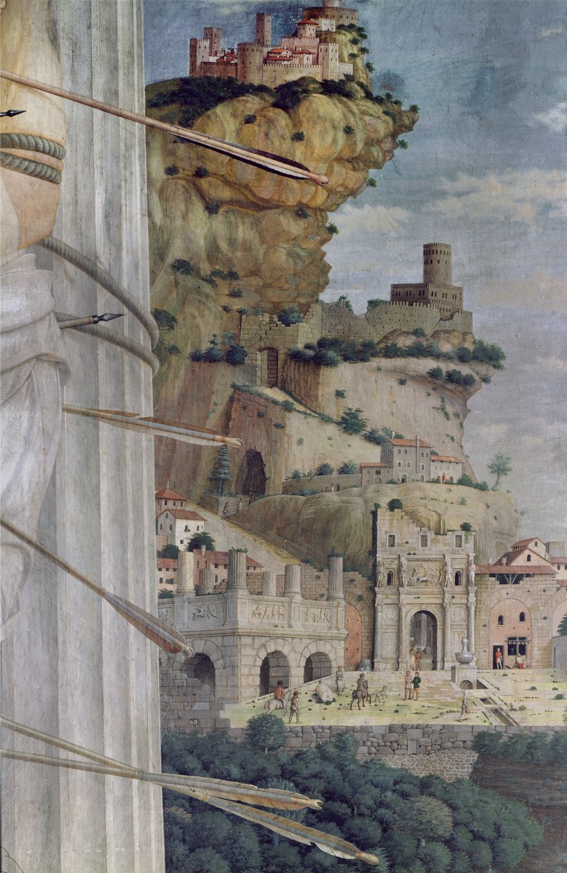 圣塞巴斯蒂安，风景的细节，1481 作者 安德里亚·曼特尼亚（Andrea Mantegna）