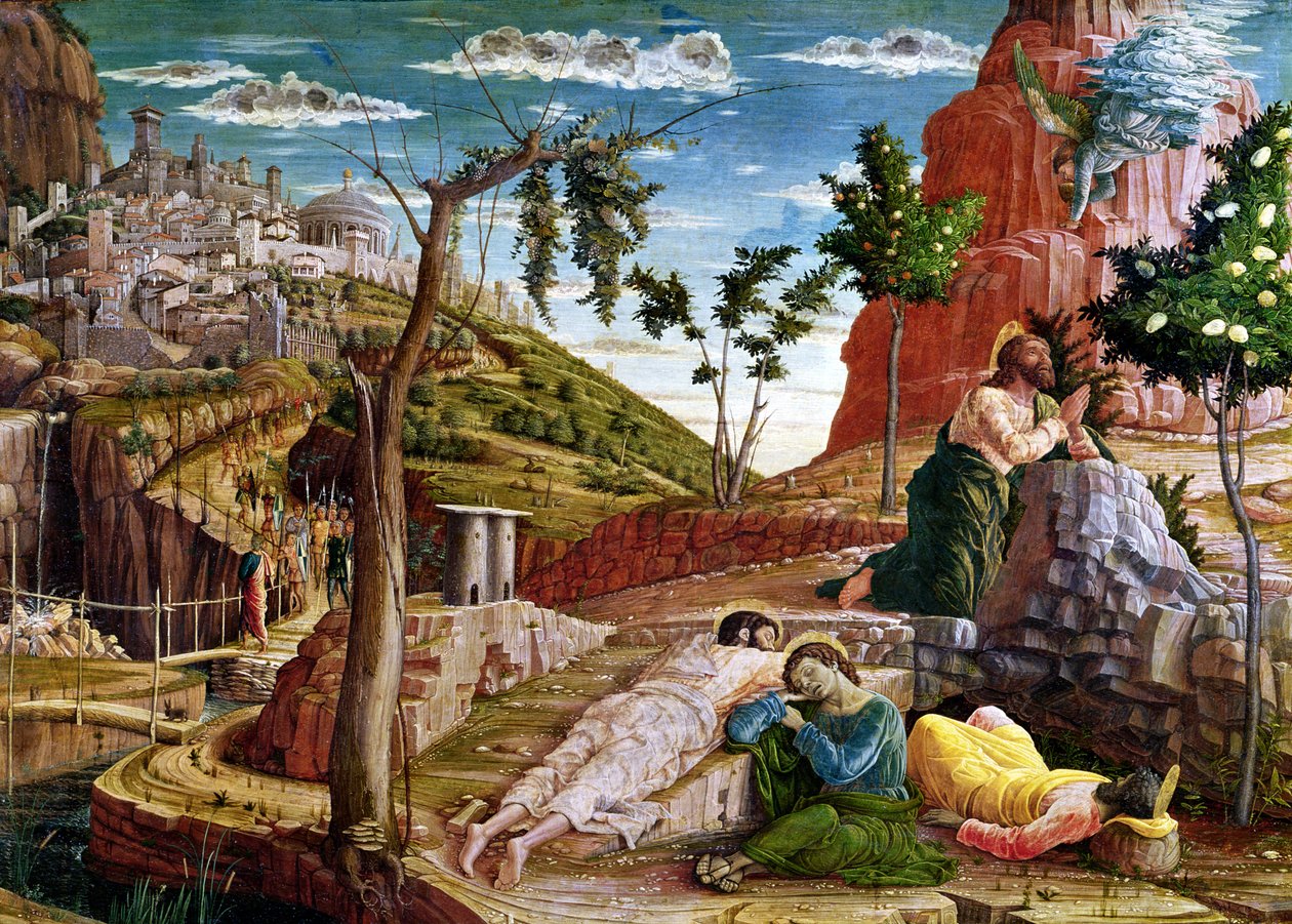 花园中的痛苦，左手预定面板来自维罗纳圣泽诺祭坛画，1456-60 作者 安德里亚·曼特尼亚（Andrea Mantegna）