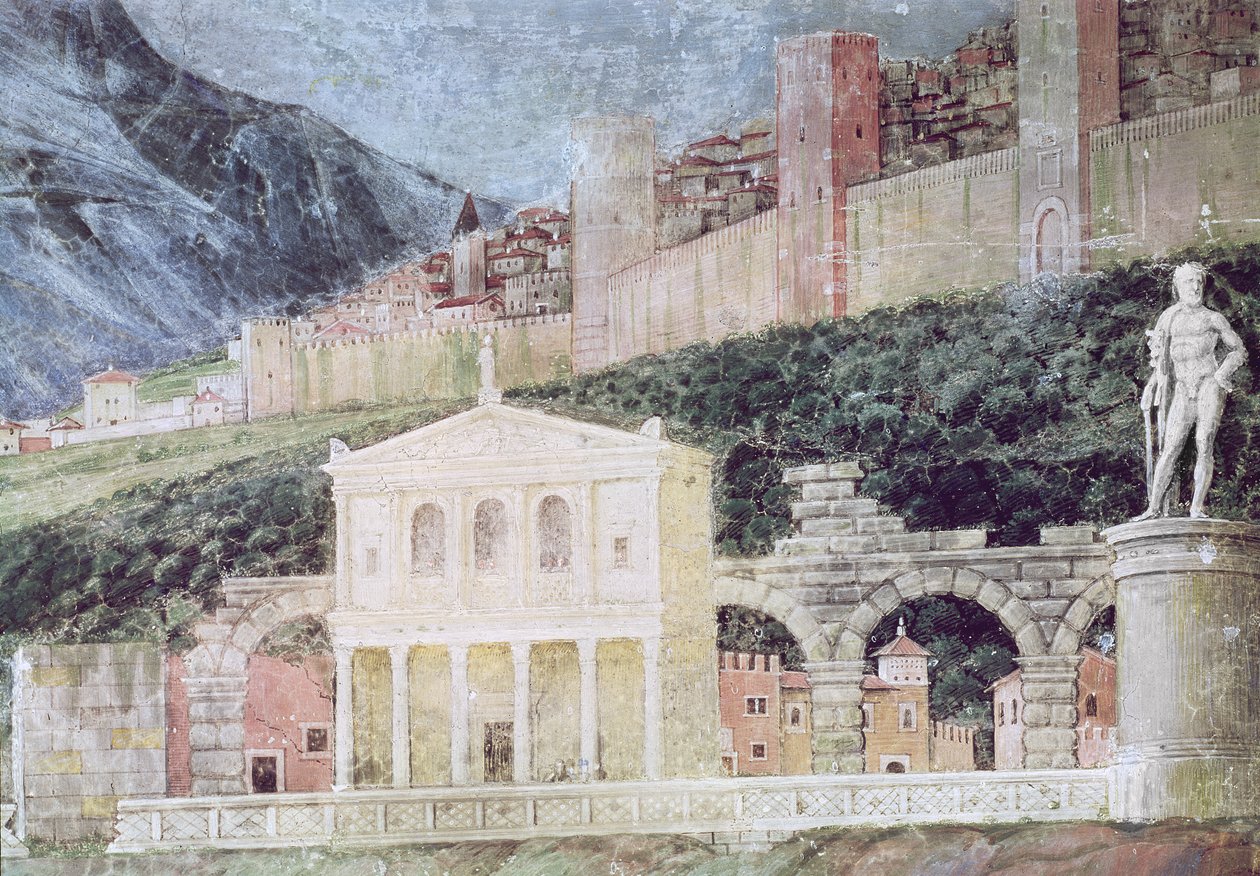 红衣主教Francesco Gonzaga的到来，背景细节显示罗马的理想化视图，c.1465-74（细节78457,78449） 作者 安德里亚·曼特尼亚（Andrea Mantegna）