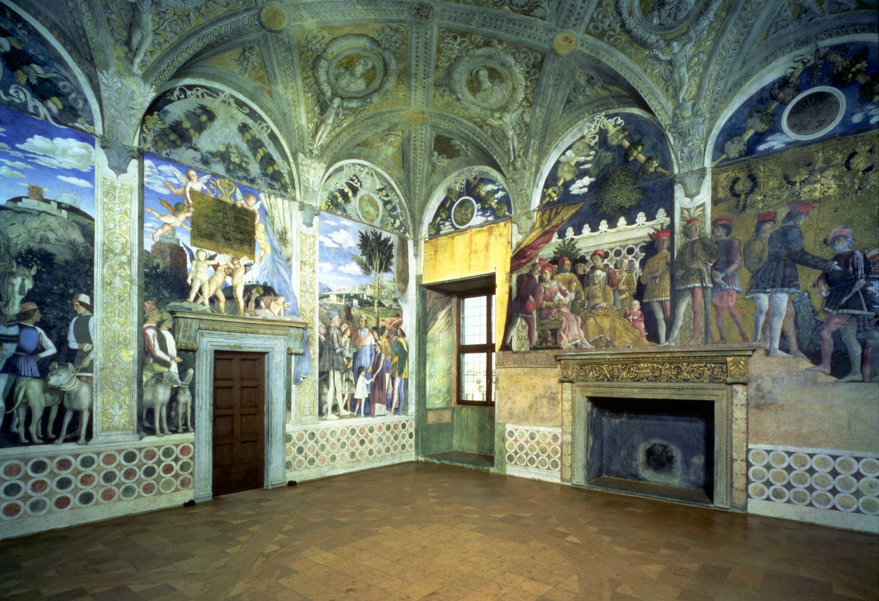 相机degli Sposi或相机Picta与曼图亚宫廷的场景，显示Marchese Ludovico Gonzaga III和他的妻子Barbara of Brandenburg，他们的孩子，朝臣和动物，1465- 作者 安德里亚·曼特尼亚（Andrea Mantegna）
