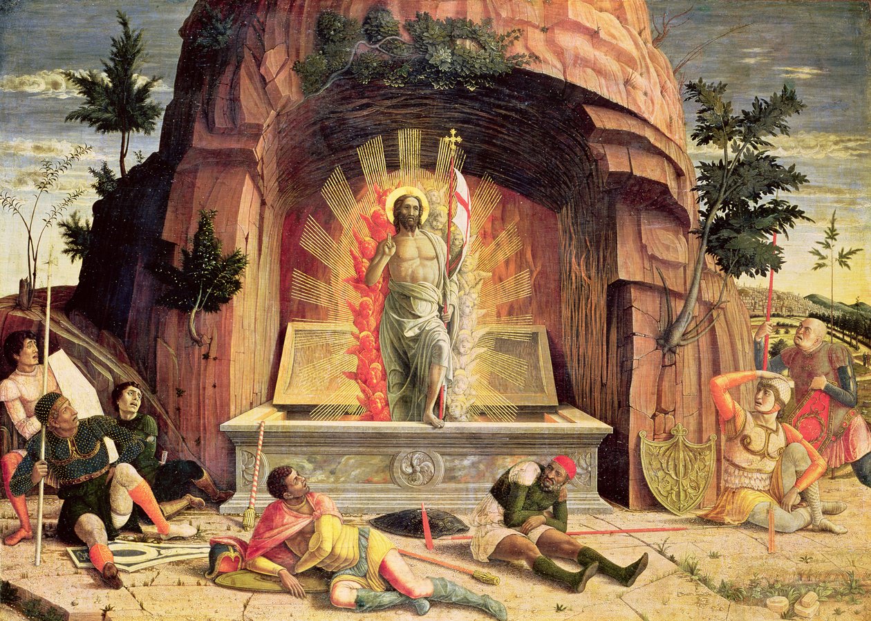 The Resurrection，右手预制面板，来自维罗纳圣泽诺祭坛，1456-60 作者 安德里亚·曼特尼亚（Andrea Mantegna）