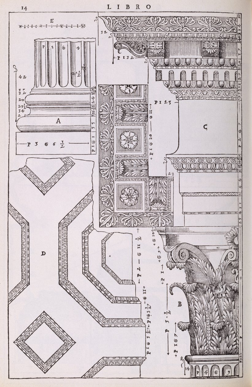 与火星复仇者寺有关的图，来自Palladio编写的“四本建筑书”的传真副本，最初出版于1570年 作者 安德里亚·帕拉迪奥（Andrea Palladio）