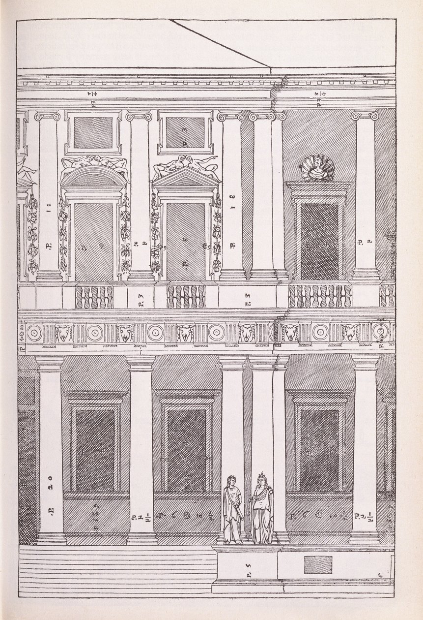 维琴察Chiericati别墅的海拔，插图来自Palladio编写的&39;I Quattro Libri dell&39;Architettura&39;的传真副本，最初出版于1570年 作者 安德里亚·帕拉迪奥（Andrea Palladio）