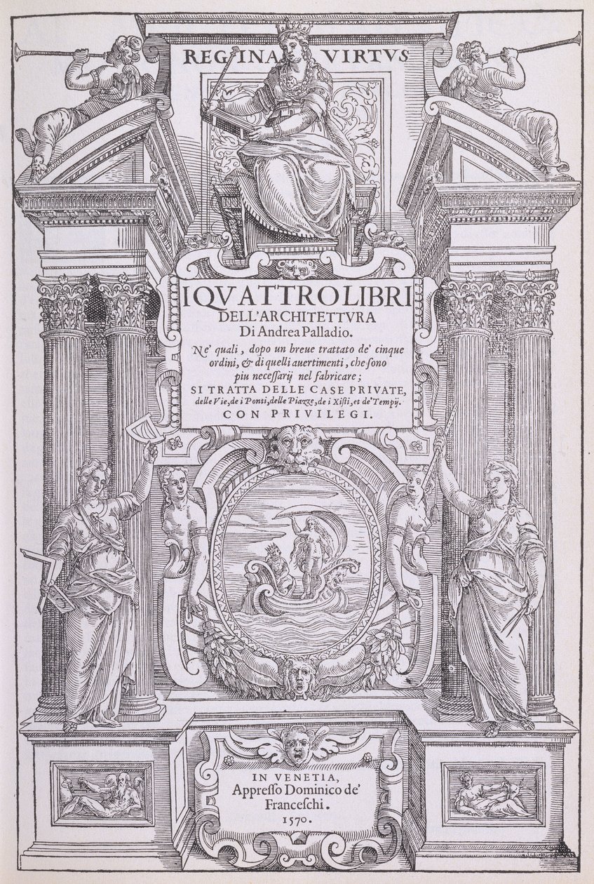 帕拉迪奥写的“I Quattro Libri dell&39;Architettura”的传真副本的正面，最初出版于1570年 作者 安德里亚·帕拉迪奥（Andrea Palladio）