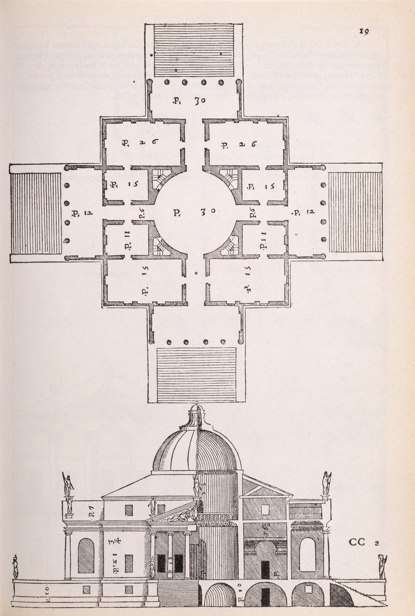 Villa Rotunda的计划和横截面，插图来自Palladio编写的&39;I Quattro Libri dell&39;Architettura&39;的传真副本，最初出版于1570年 作者 安德里亚·帕拉迪奥（Andrea Palladio）