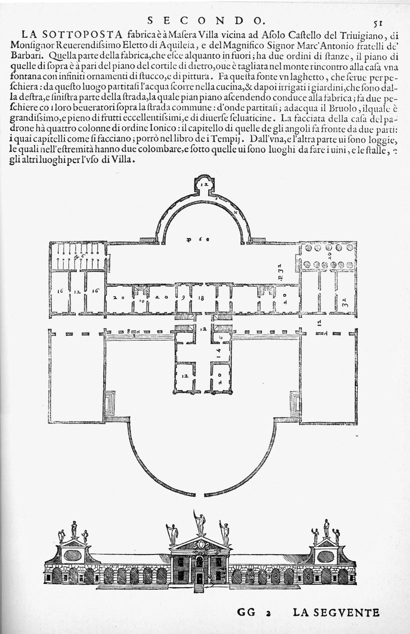 Villa Barbaro，Maser的计划和高度，由Palladio撰写的&39;I Quattro Libri dell&39;Architettura&39;的传真副本插图，最初出版于1570年 作者 安德里亚·帕拉迪奥（Andrea Palladio）