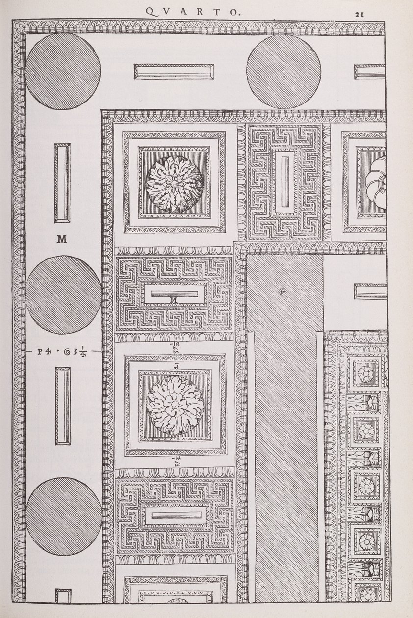 Tempio di Marte Vendicatore天花板的计划，插图来自Palladio编写的&39;I Quattro Libri dell&39;Architettura&39;的传真副本，最初出版于1570年 作者 安德里亚·帕拉迪奥（Andrea Palladio）