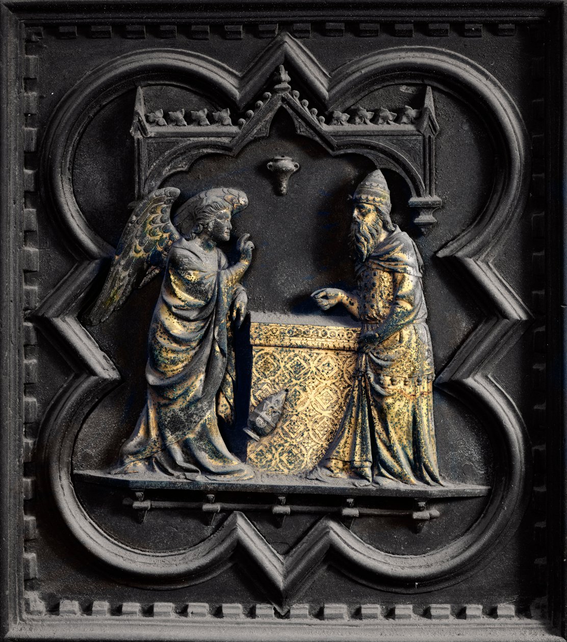 天使宣布Zechariah，1336年圣乔万尼洗礼堂南门的第一个小组（青铜） 作者 安德里亚·皮萨诺（Andrea Pisano）