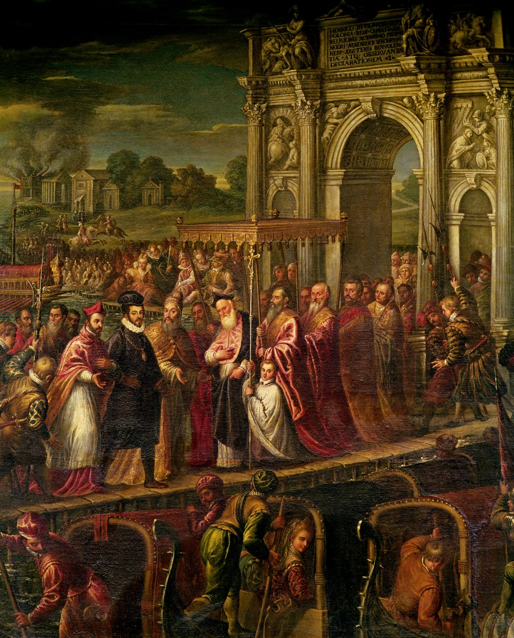 法国国王亨利三世（1551-89）于1574年访问威尼斯，由Doge Alvise Mocenigo（1570-77）护送，并由四门房间的族长Giovanni Trevisan会面 作者 安德里亚）维琴蒂诺