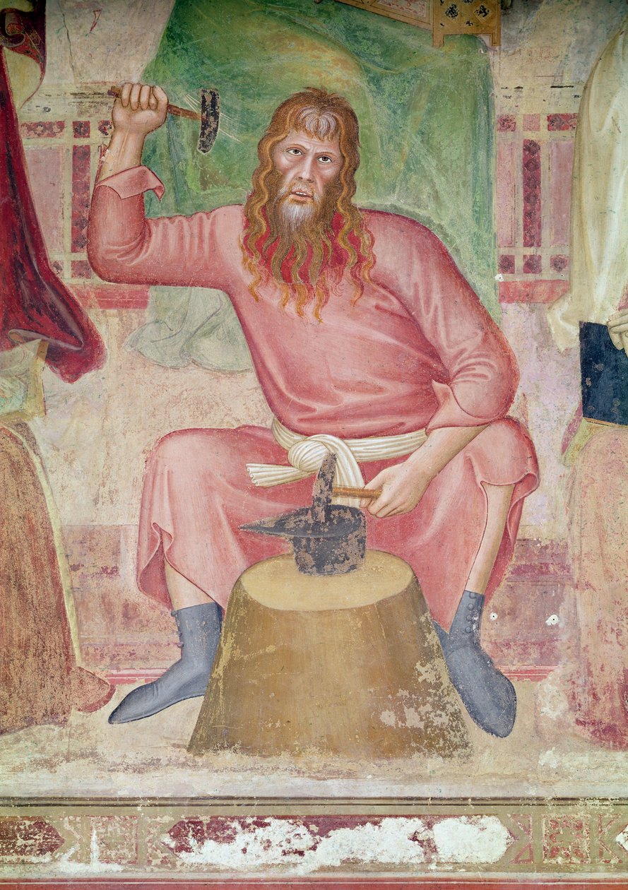 活跃和胜利教会的寓言，右下方显示Tubal-cain的一部分细节，c.1366-68 作者 安德里亚·迪·博纳乌托（Andrea di Bonaiuto）