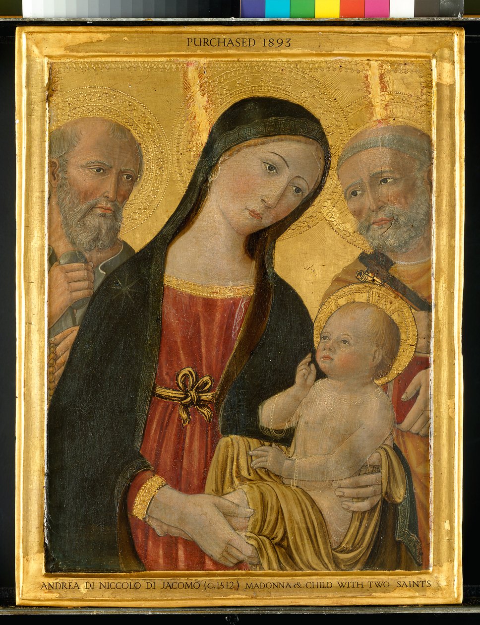 圣杰罗姆和圣彼得之间的处女和儿童，c.1500（面板上带金色的蛋彩画） 作者 尼科洛·迪·贾科莫
