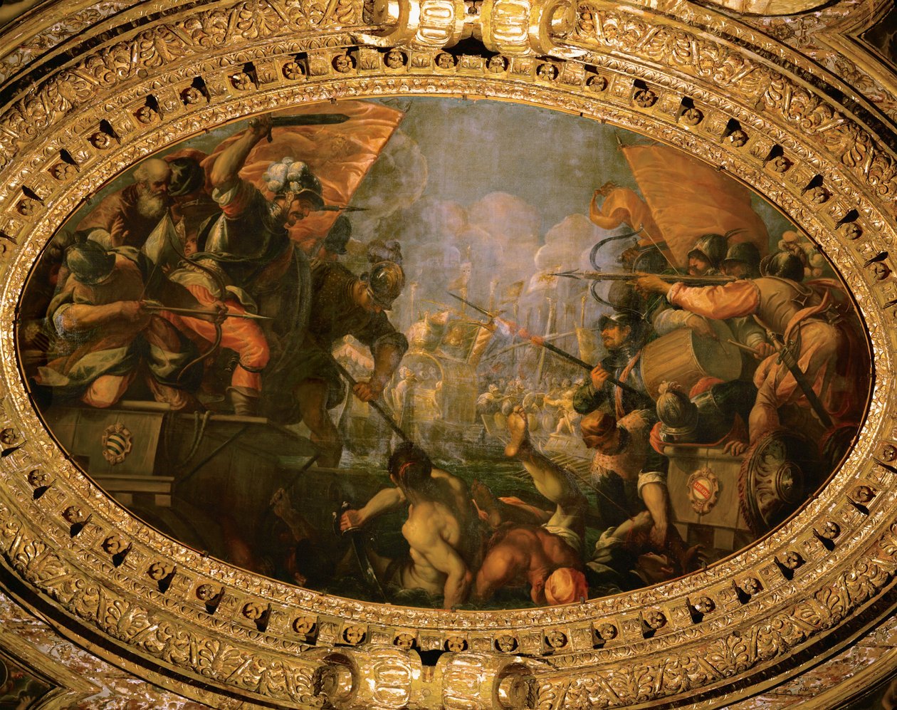 1099 年威尼斯在乔瓦尼-米歇尔的领导下战胜对手海上城邦比萨（布面油画） 作者 安德里亚 (1539 1614) 维琴蒂诺