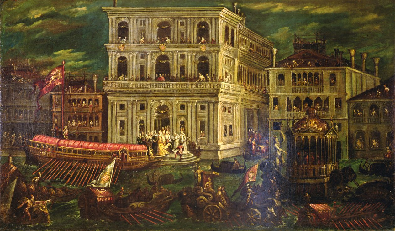 1597年5月4日，Dogaressa Morosina Morosini Grimani的登船，威尼斯，约1600年（布面油画 作者 安德里亚）维琴蒂诺